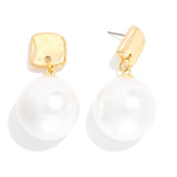 Squared Metal Post Drop Earrings with Metallic Ball