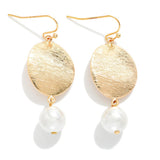 Brushed Metal Oval & Pearl Drop Earrings