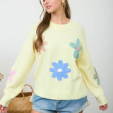MULTI-COLOR CROCHET FLORAL DETAIL KNIT PULLOVER: BUTTER YELLOW MULTI