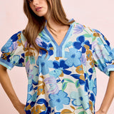 Flower Printed Woven Short Puff Sleeve Blouse with Contrast Trim