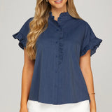Ruffle Detail Everyday Top – Denim Blue