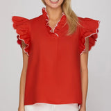 Scarlet Ruffle Sleeve Embroidered Top