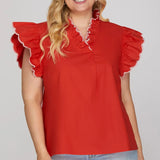 Scarlet Ruffle Sleeve Embroidered Top – Curvy