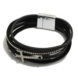 Black Multi-Strand Magnetic Bracelet with Rhinestones & Cross Pendant