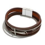Brown Multi-Strand Magnetic Bracelet with Rhinestones & Cross Pendant