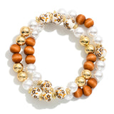 Wood, Pearl & Floral Porcelain Beaded Stretch Bracelet Set – 2 Pack