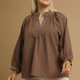 Puff Sleeves V-Neck Collared Top – Chocolate