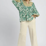 Abstract Print Long Sleeve Top – Green Mix (Plus Size)