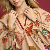 Floral Print V-Neck Open Collar Top – Tan Mix