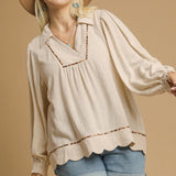 Linen Scallop Hem Blouse – Oatmeal (Plus Size)