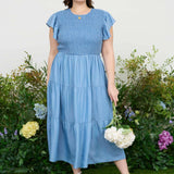 Curvy Chambray Smocked Tiered Midi Dress