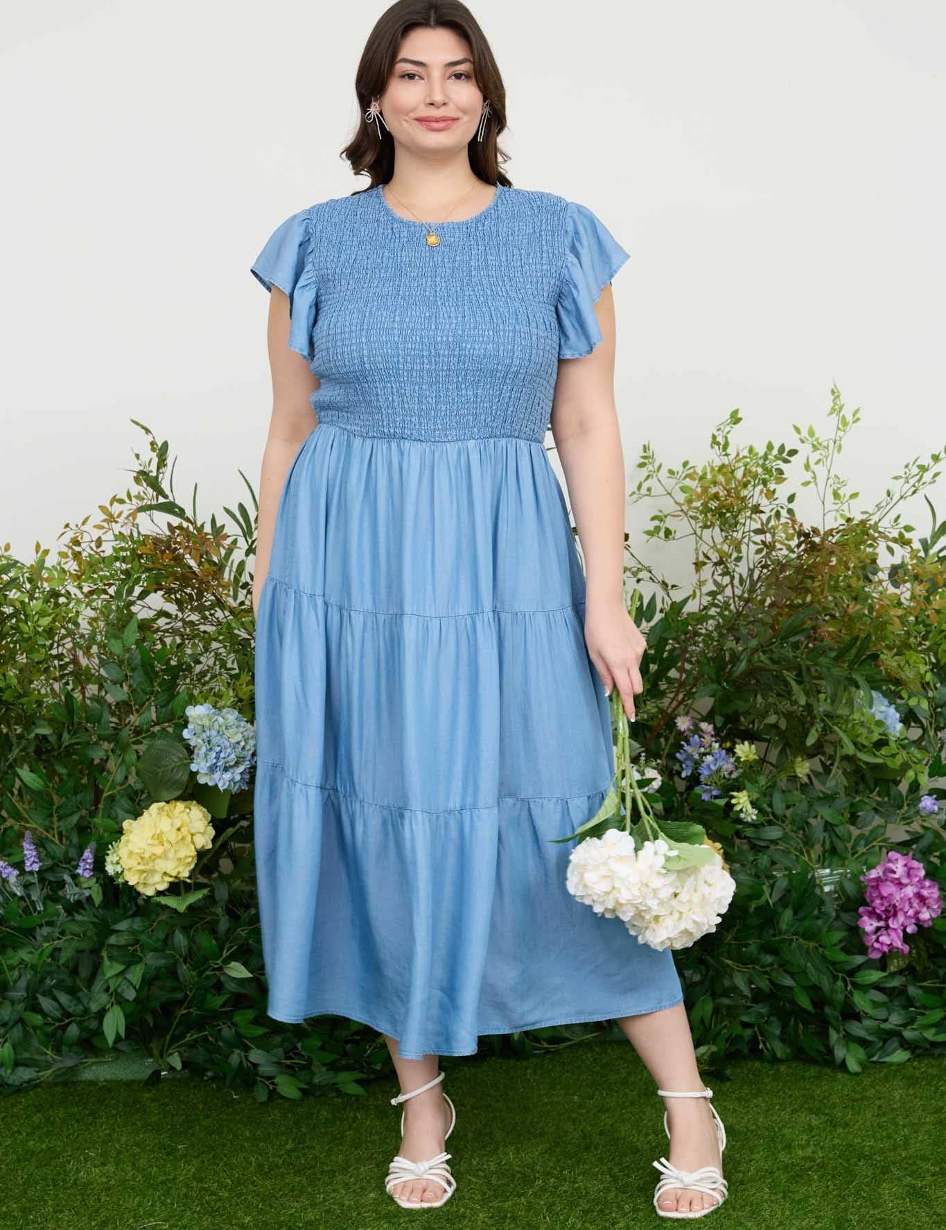Curvy Chambray Smocked Tiered Midi Dress – Sweet Serendipity