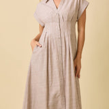 Tan Button Up Front Pleated Midi Shirt Dress