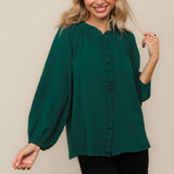 Hunter Green Frilled Placket Button-Down Blouse | Women’s Dressy Casual Top