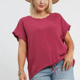 Berry Linen Blend Scallop Hem Top (Plus)