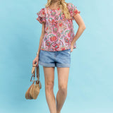 Pink Mix Paisley Ruffle Sleeve Top