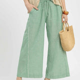 Green Stripe Linen Blend Wide Leg Pants