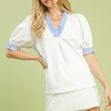White French Terry Ruffle Trim Puff Sleeve Top