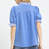 Peri Blue French Terry Ruffle Trim Puff Sleeve Top