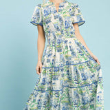 Blue Mix Abstract Print Tiered Midi Dress
