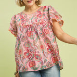 Pink Mix Paisley Ruffle Sleeve Top (Plus)