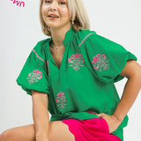 Kelly Green Embroidered Floral Puff Sleeve Blouse (Plus)