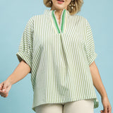 Sage Stripe Lace Trim Pleated V-Neck Top (Plus)