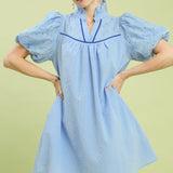 Sky Blue Puff Sleeve Textured Babydoll Dress