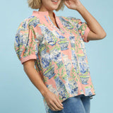 Coral Mix Abstract Print V-Neck Top (Plus)