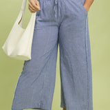 Curvy Blue Stripe Linen Blend Wide Leg Pants