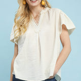 Ecru Seersucker Lace Trim Top