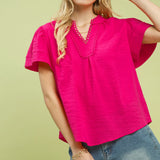 Fuchsia Seersucker Lace Trim Top
