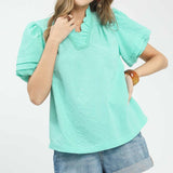 Mint Textured Scallop Trim Puff Sleeve Blouse