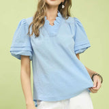Sky Blue Scallop Trim Puff Sleeve Blouse