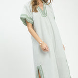Sage Pinstripe Contrast Trim Midi Dress