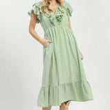 Sage Textured Ruffle Midi Dress