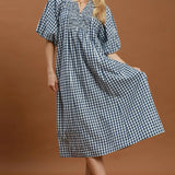 Denim Blue Gingham Smocked Puff Sleeve Midi Dress
