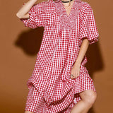 Crimson Gingham Smocked Puff Sleeve Midi Dress