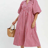 Curvy Crimson Gingham Smocked Puff Sleeve Midi Dress
