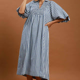 Curvy Denim Gingham Smocked Puff Sleeve Midi Dress
