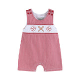 Red Gingham Baseball Smocked Shortalls: 3-6M