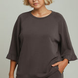 Curvy SpaceKnit Ruffle Sleeve Top in Charcoal