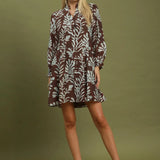 Chocolate Mix Botanical Print Button Front Shift Dress