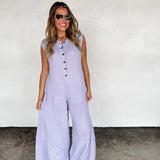 Capped Sleeve Button-Front Knit Jumpsuit – Lavender