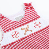 Red Gingham Baseball Smocked Shortalls: 18-24M