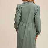 Green Button-Down Puff Sleeve Midi Dress