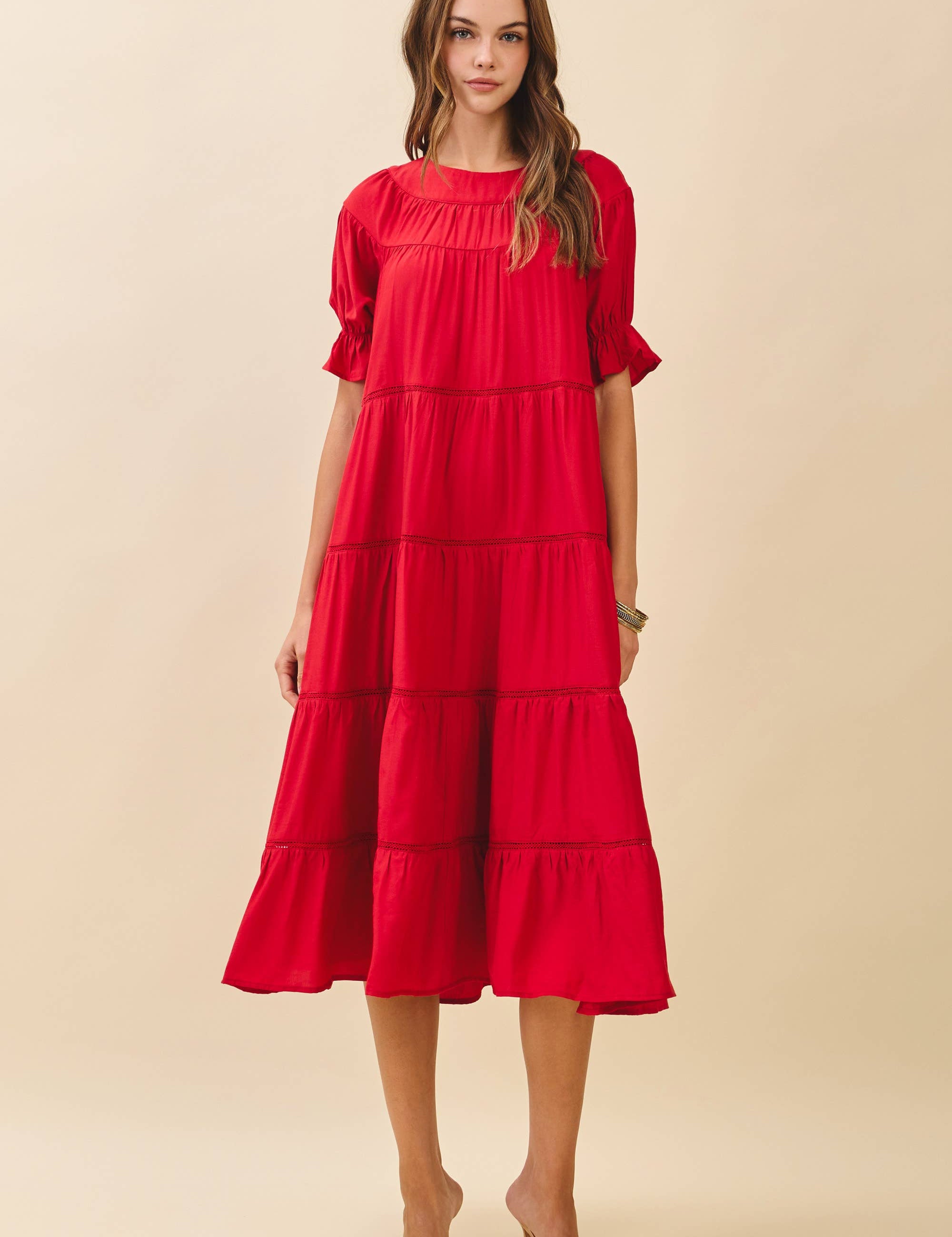 red loose fitting dress Red Linen Midi Dress with V-Neck and Split Hem for Elegant Style Red / XL