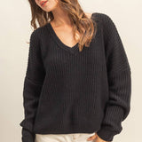 Black Oversized V-Neck Knit Sweater | Relaxed Fit Ribbed Pullover (S–L)