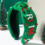 Green “Merry Christmas” Beaded & Rhinestone Knotted Headband