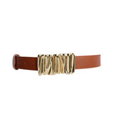 Brown Vegan Leather Belt with Oval Embossed Buckle